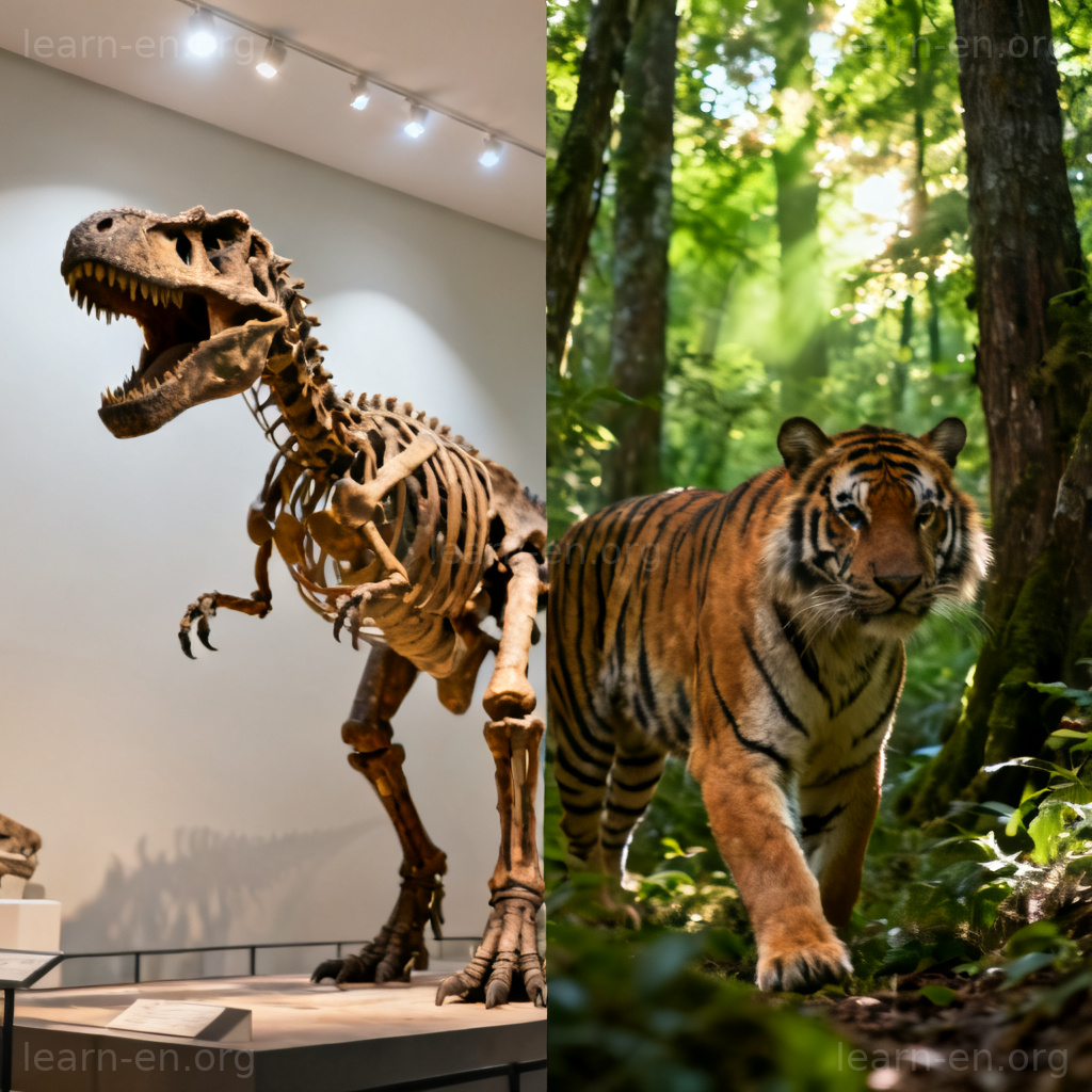 extinction 物种灭绝图解：恐龙骨架与现存老虎的对比