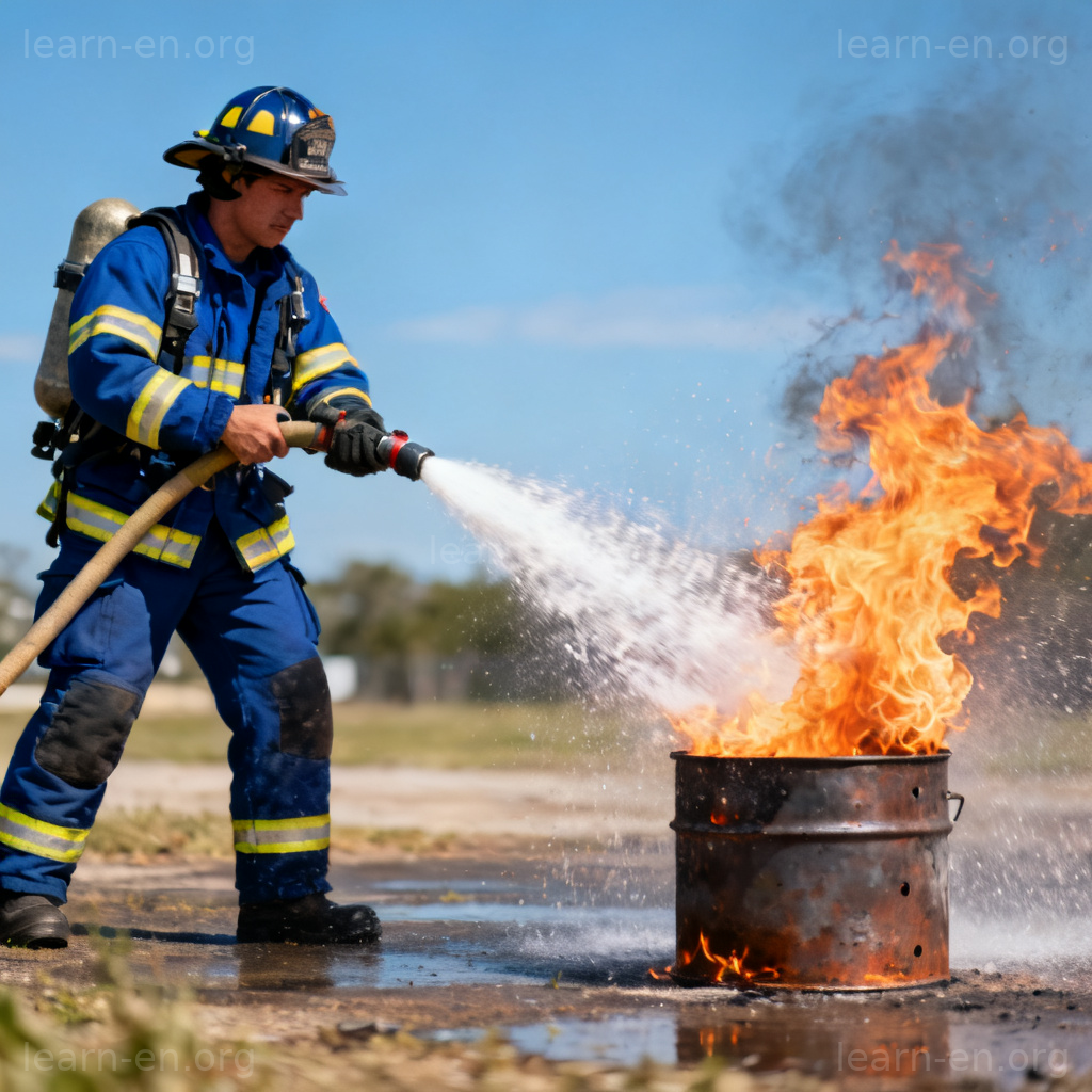 extinguish 灭火场景图解：消防员用水枪扑灭油桶火焰