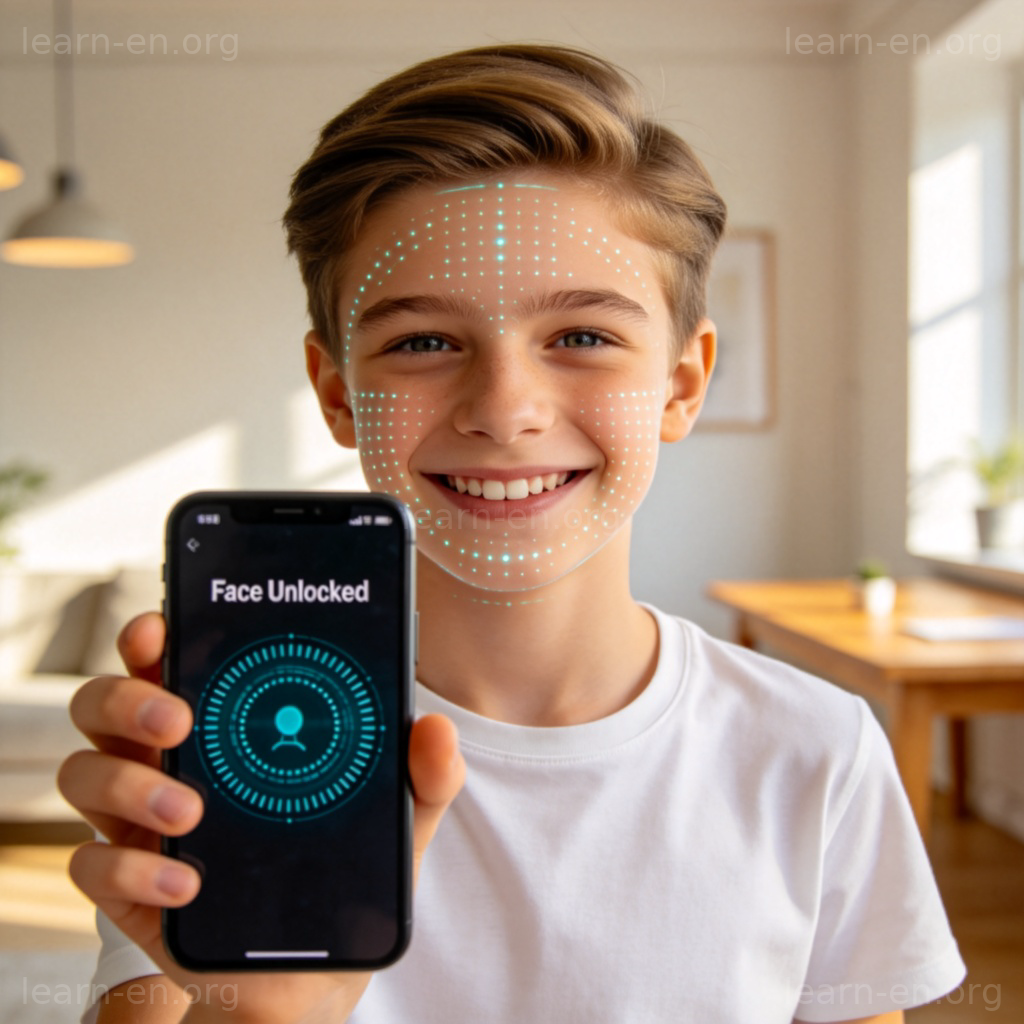 Face ID 图解：用户微笑时手机通过扫描面部瞬间解锁