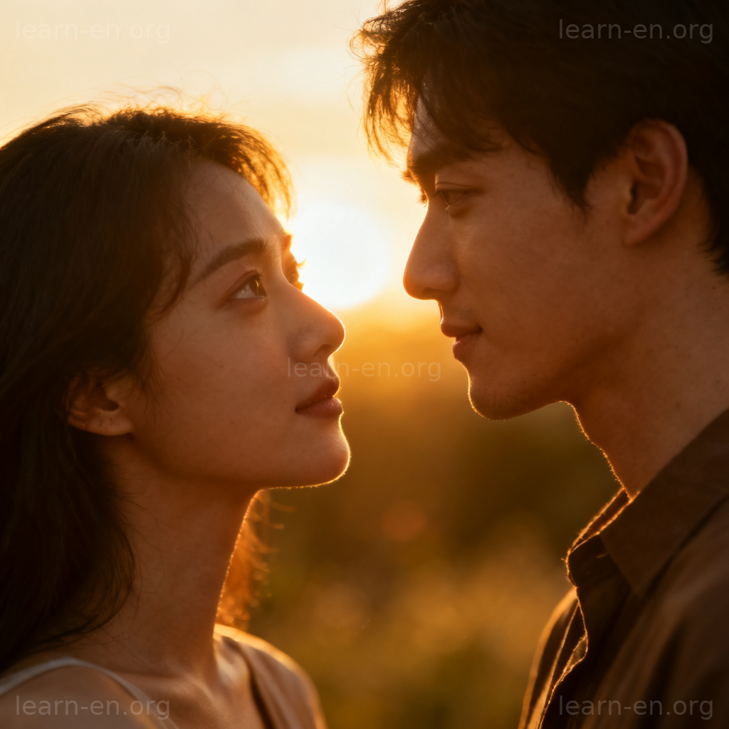 fall in love 图解：两人在金色夕阳下深情对视的温暖场景