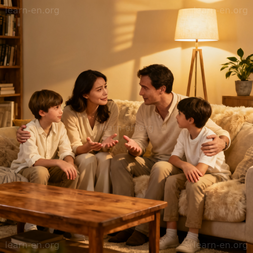 family issues 图解：家庭成员在客厅沟通解决家庭问题的场景