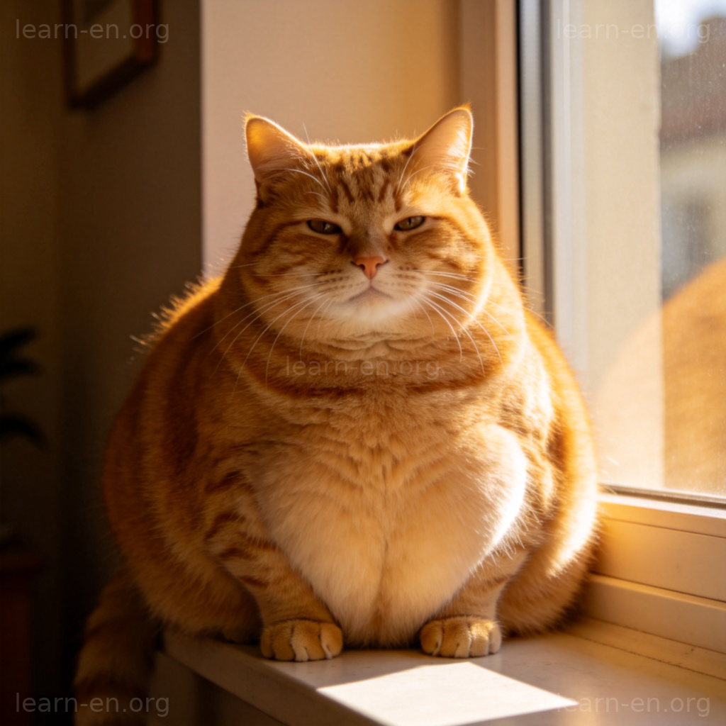 fat 含义图解：一只胖乎乎的橘猫，展示‘胖的’这个意思