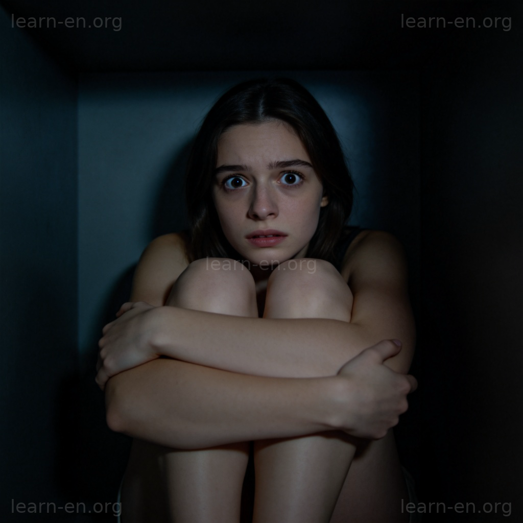 fear 恐惧含义图解：黑暗中蜷缩害怕的人
