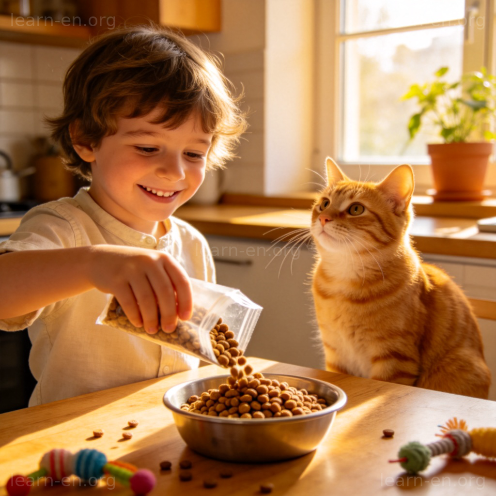 Feed the Pet 图解：孩子在厨房给猫咪碗里倒猫粮