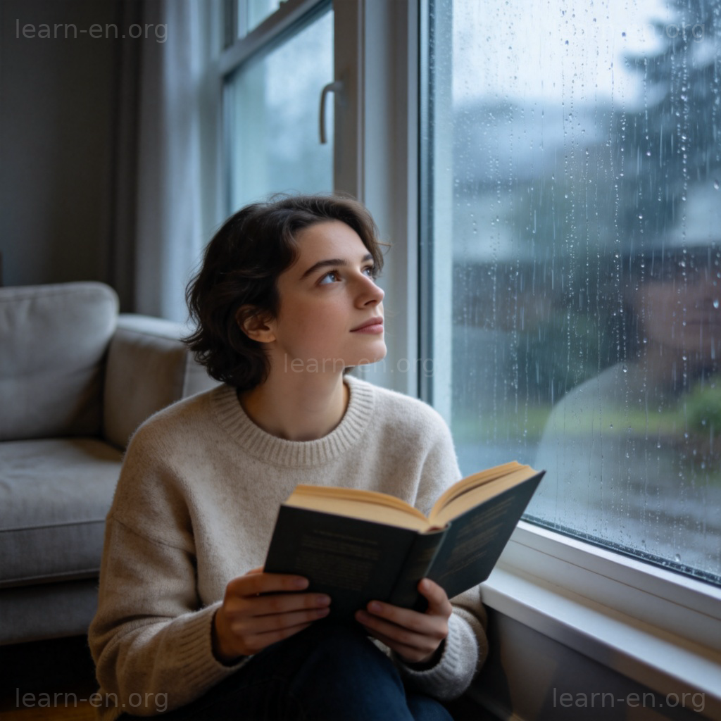 feel 想法图解：人望着窗外雨天，表达想待在家里的意愿