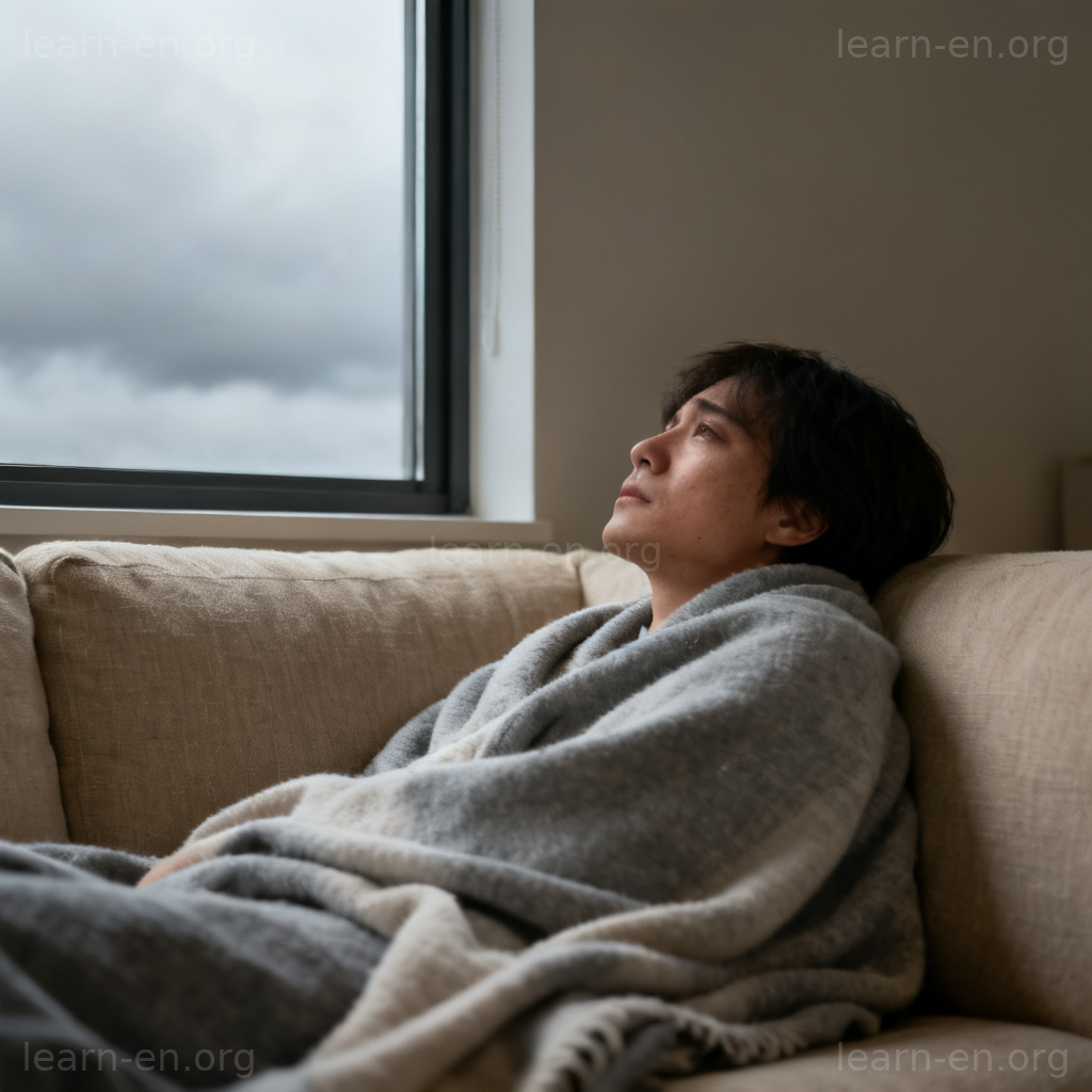 feel under the weather 图解：沙发上裹毯子休息的人，望着窗外阴天