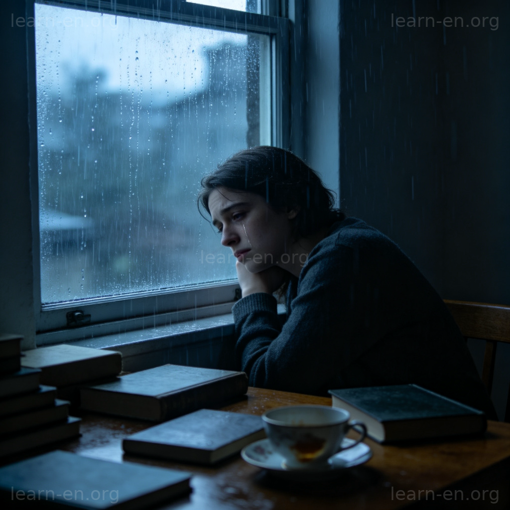 feeling blue 含义图解：雨天窗边忧郁的人