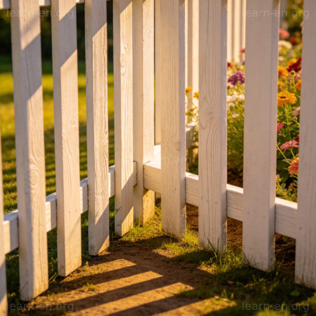 fence栅栏图解：阳光花园中的白色木栅栏特写