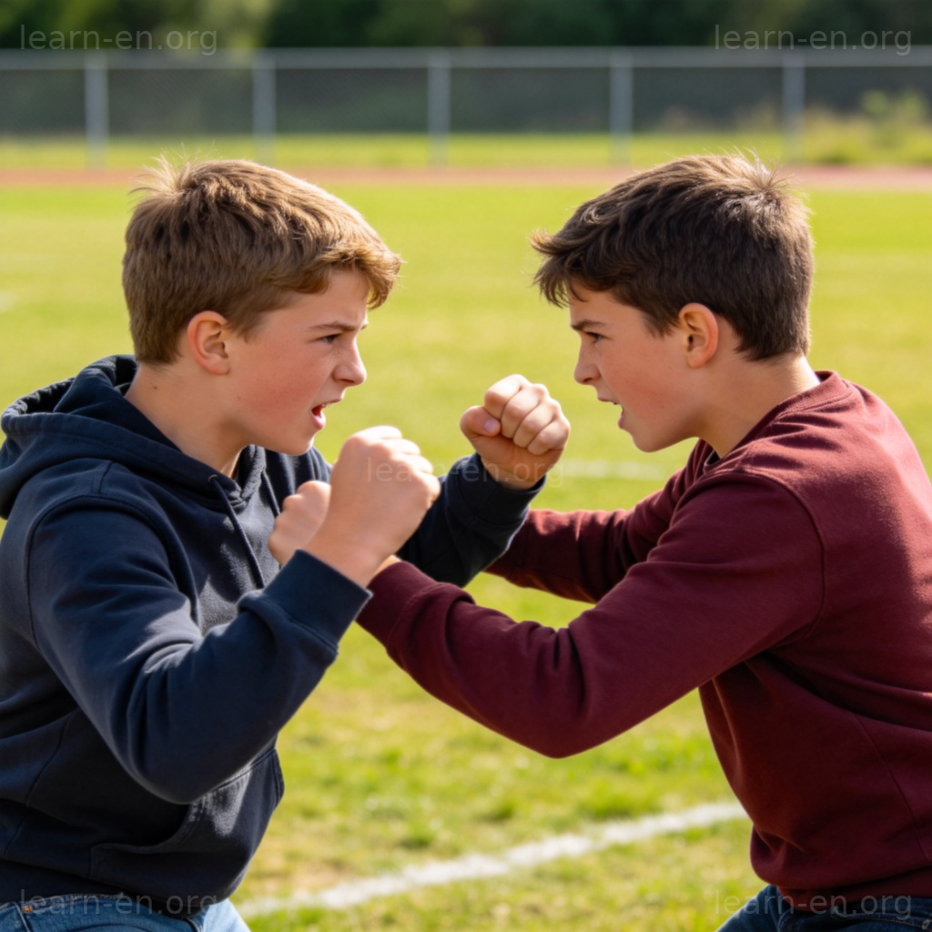fight 打架含义图解：两名男孩在操场发生肢体冲突