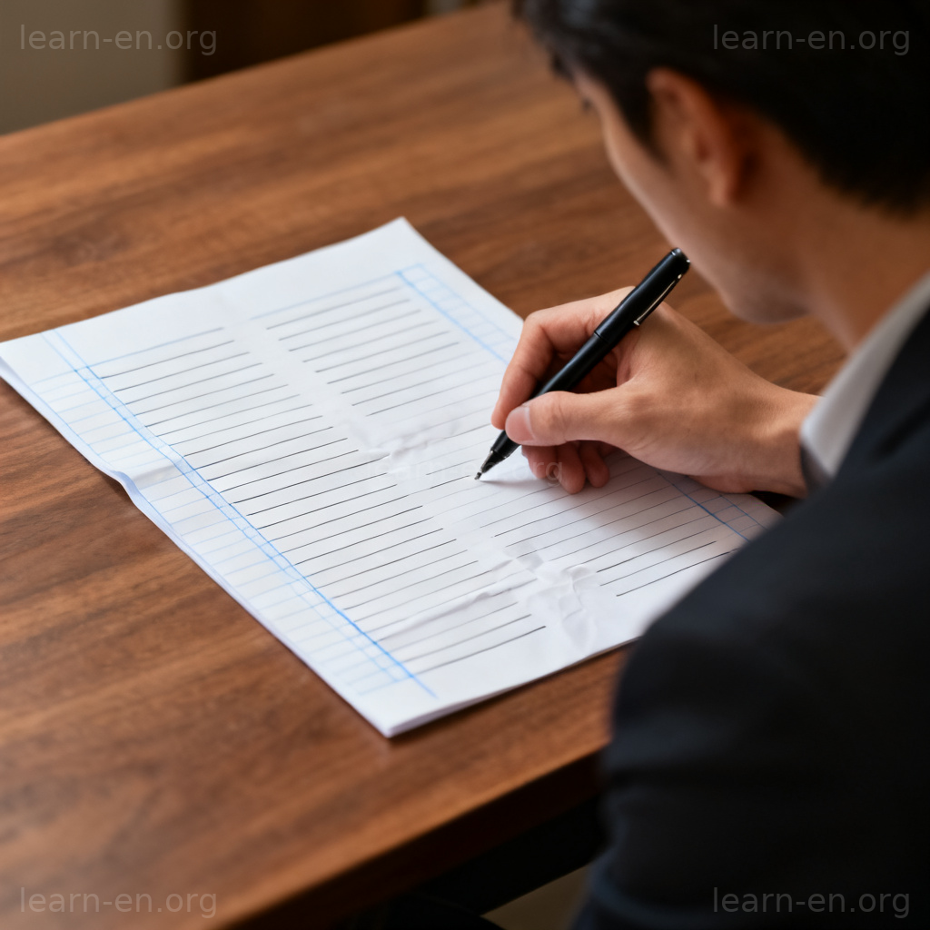 fill out the form 图解：人物在桌前用笔仔细填写纸质表格
