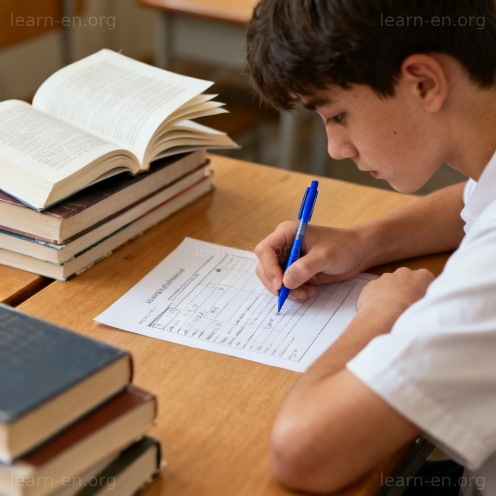 fill out this form 图解：学生在书桌前用笔认真填写纸质表格