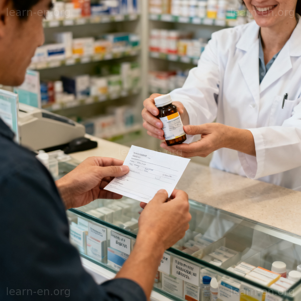 fill the prescription 图解：顾客在药店柜台向药剂师递交处方取药