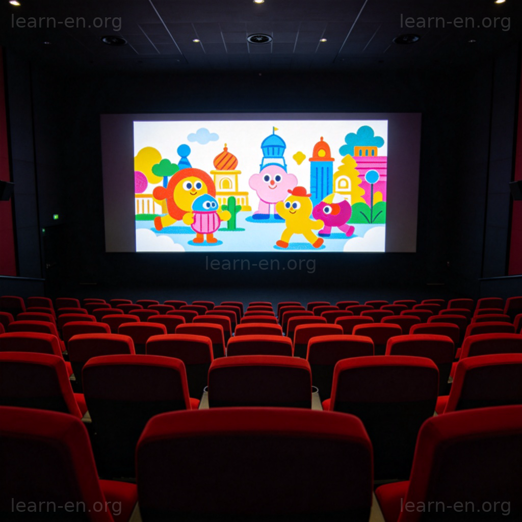 film 电影含义图解：影院大屏幕播放动画电影的场景