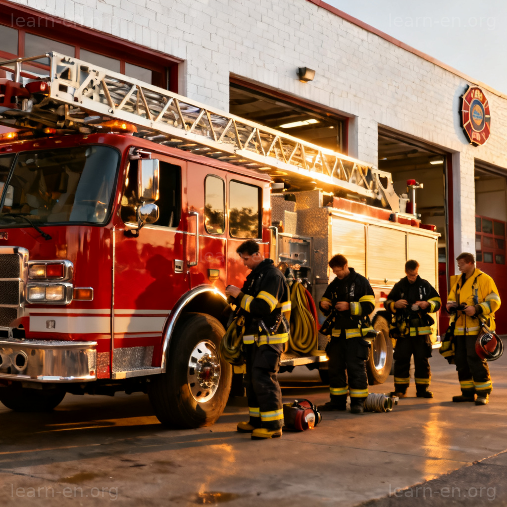 fire department 图解：消防站外停放的红色消防车与整装待发的消防员