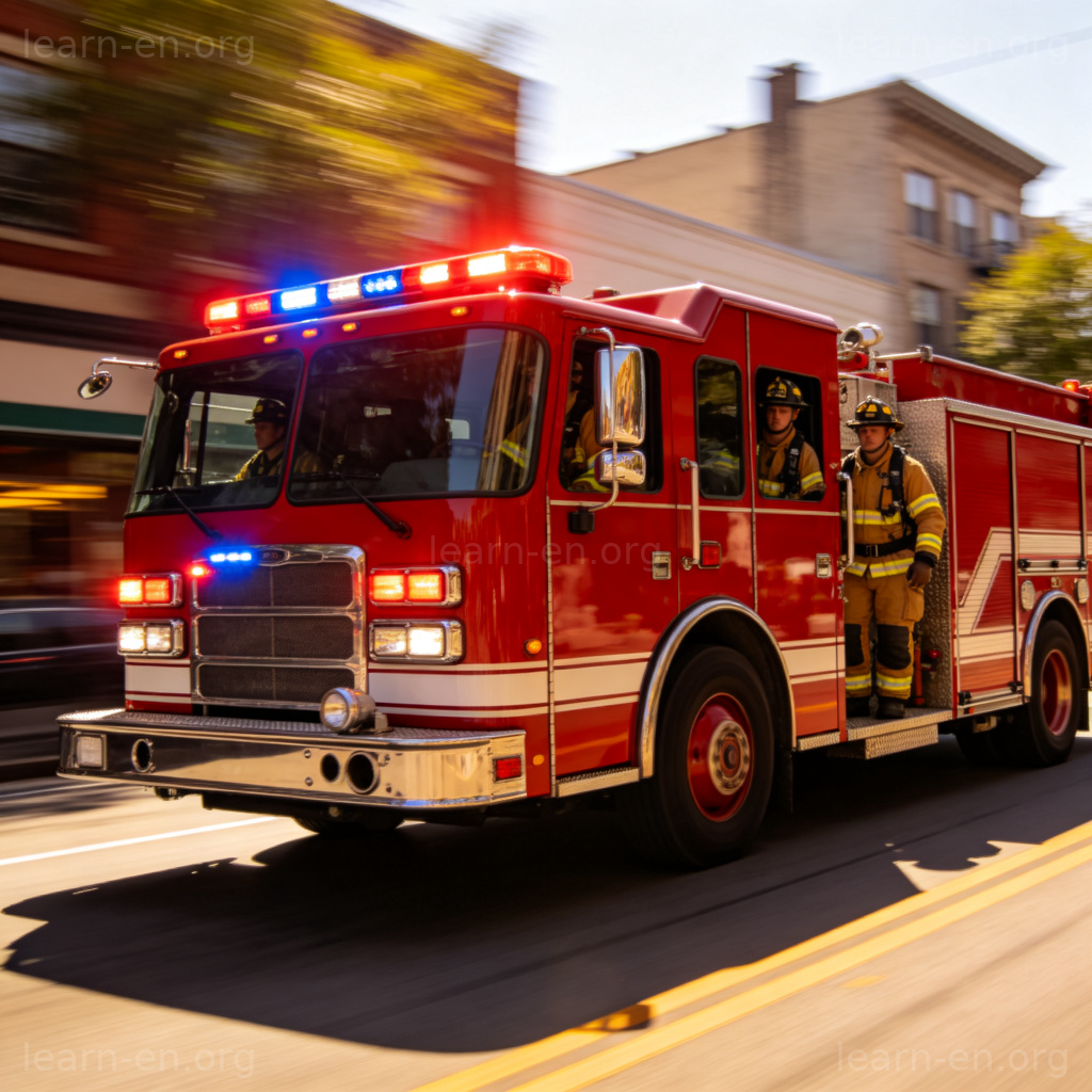 Fire Truck 消防车图解：红色消防车鸣笛驶过街道救援场景