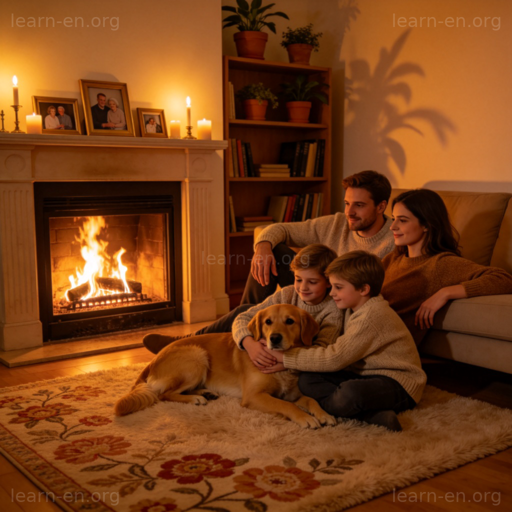 fireplace 壁炉图解：温暖客厅中燃烧的壁炉与家人场景