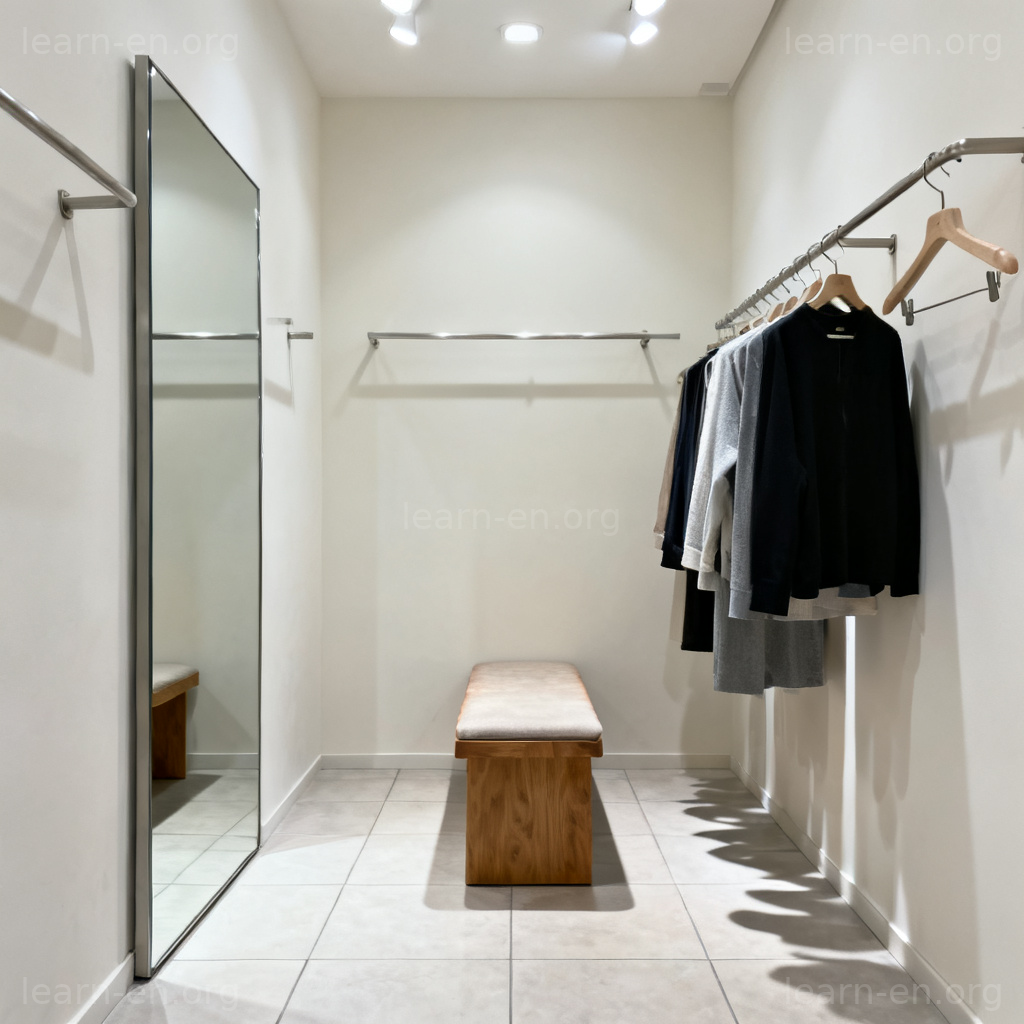 fitting room 图解：服装店内明亮整洁的试衣间场景
