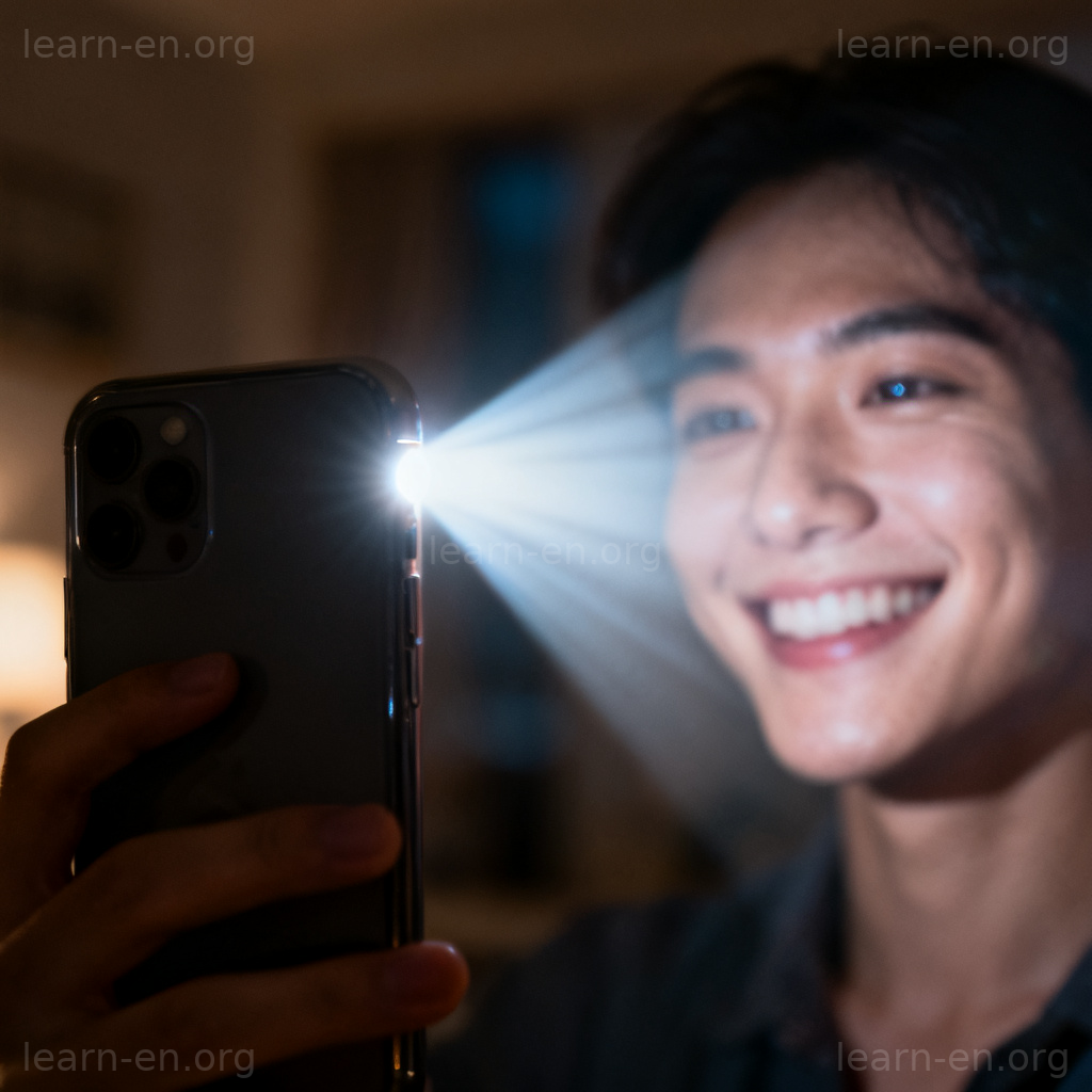 flash 闪光含义图解：智能手机在暗处拍照，闪光灯照亮人脸