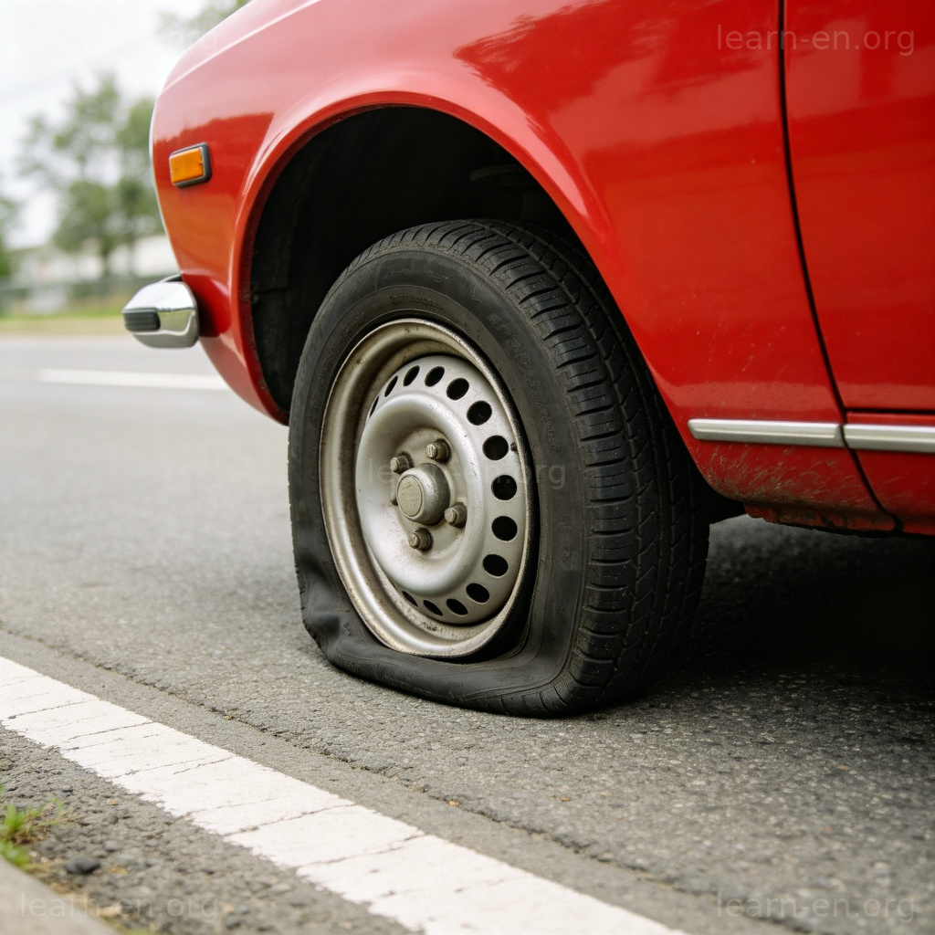 Flat Tire 图解：路边红色轿车左前轮完全瘪掉漏气的场景