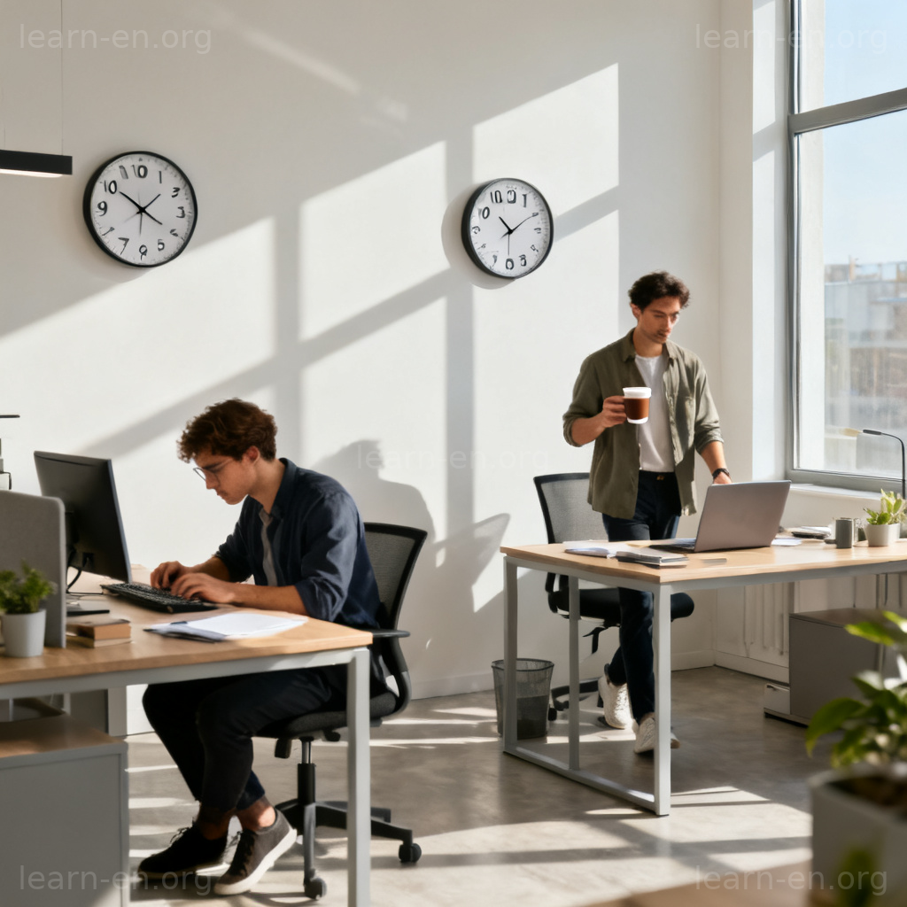 flexitime 图解：现代办公室中不同员工弹性上班时间场景