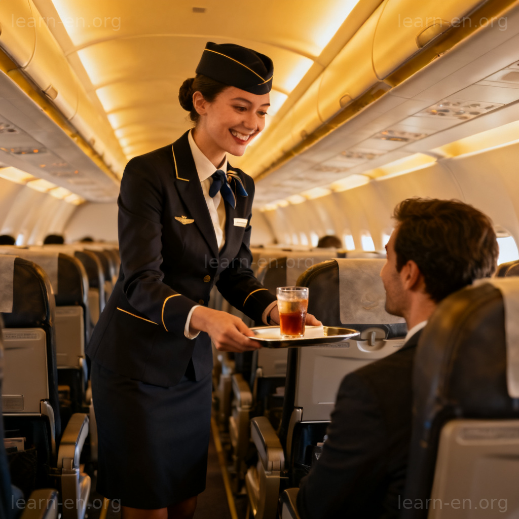 flight attendant 图解：空乘人员在飞机过道为乘客提供饮料的服务场景