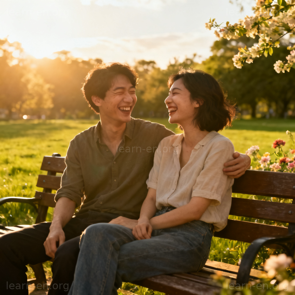 flirt with 调情含义图解：情侣在公园长椅上嬉笑交谈