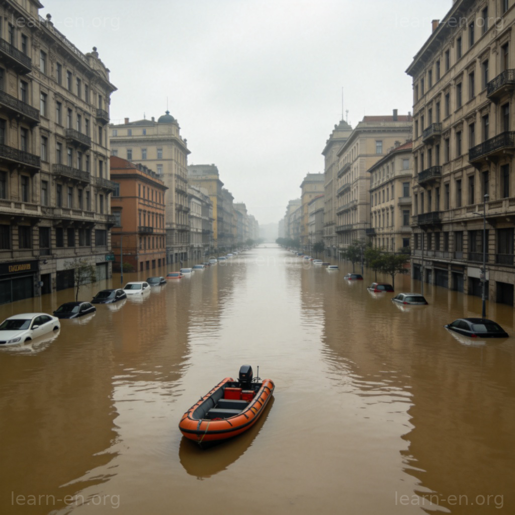 Flood 动词图解：街道房屋被雨水淹没的场景