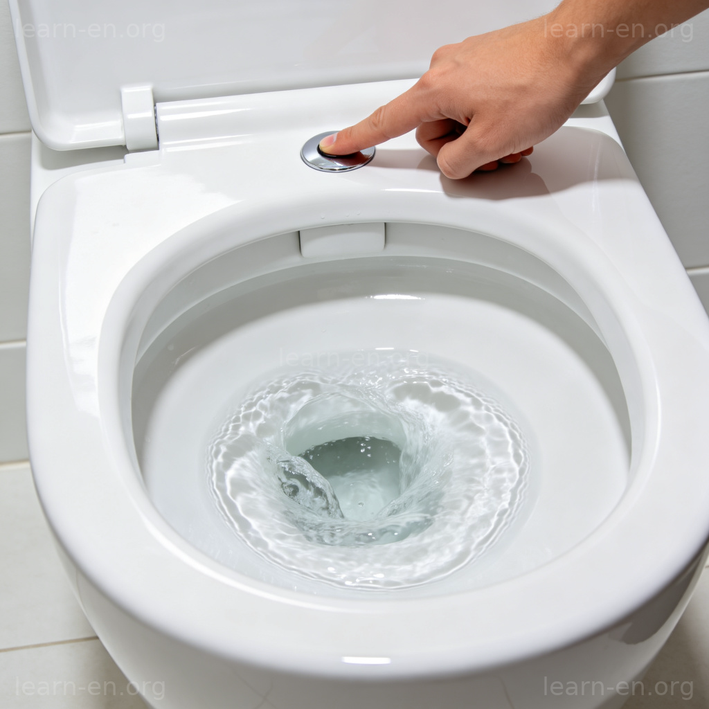 Flush the Toilet 图解：现代卫生间内按压冲水按钮冲走污物的场景
