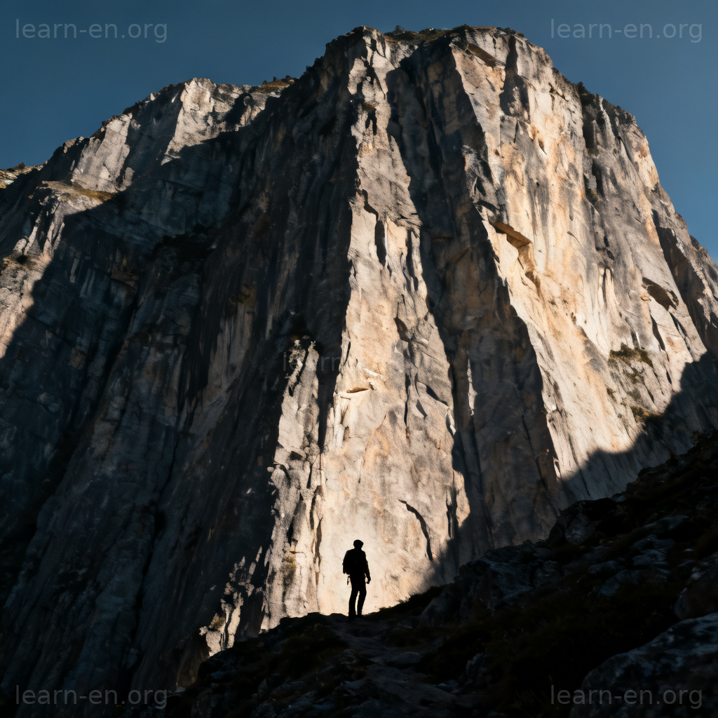 formidable 场景：徒步者仰望巨大岩壁，感受令人畏惧的压迫感