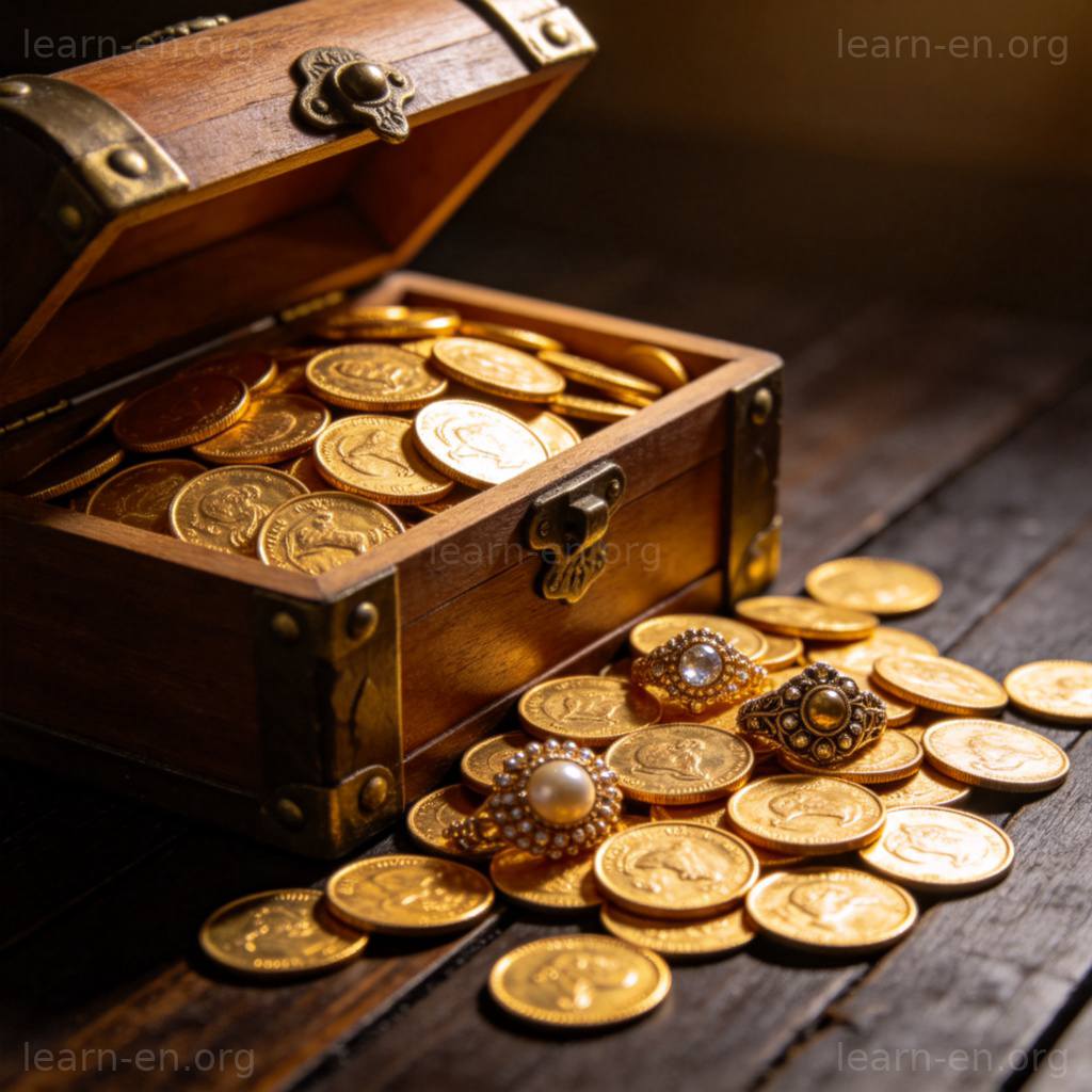 fortune 含义图解：装满金币珠宝的古老宝箱，象征巨额财富