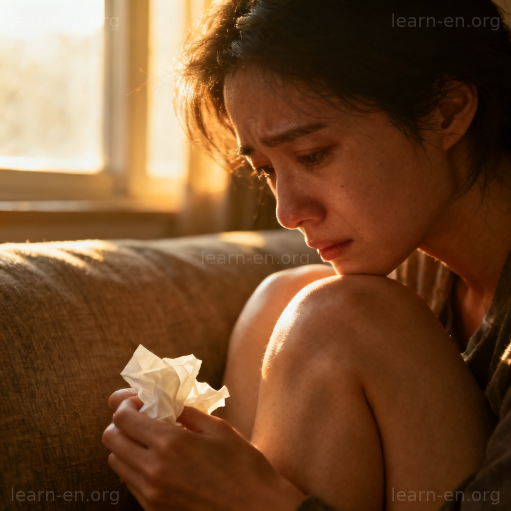 fragile 脆弱含义图解：人物蜷缩在沙发上流露悲伤情绪