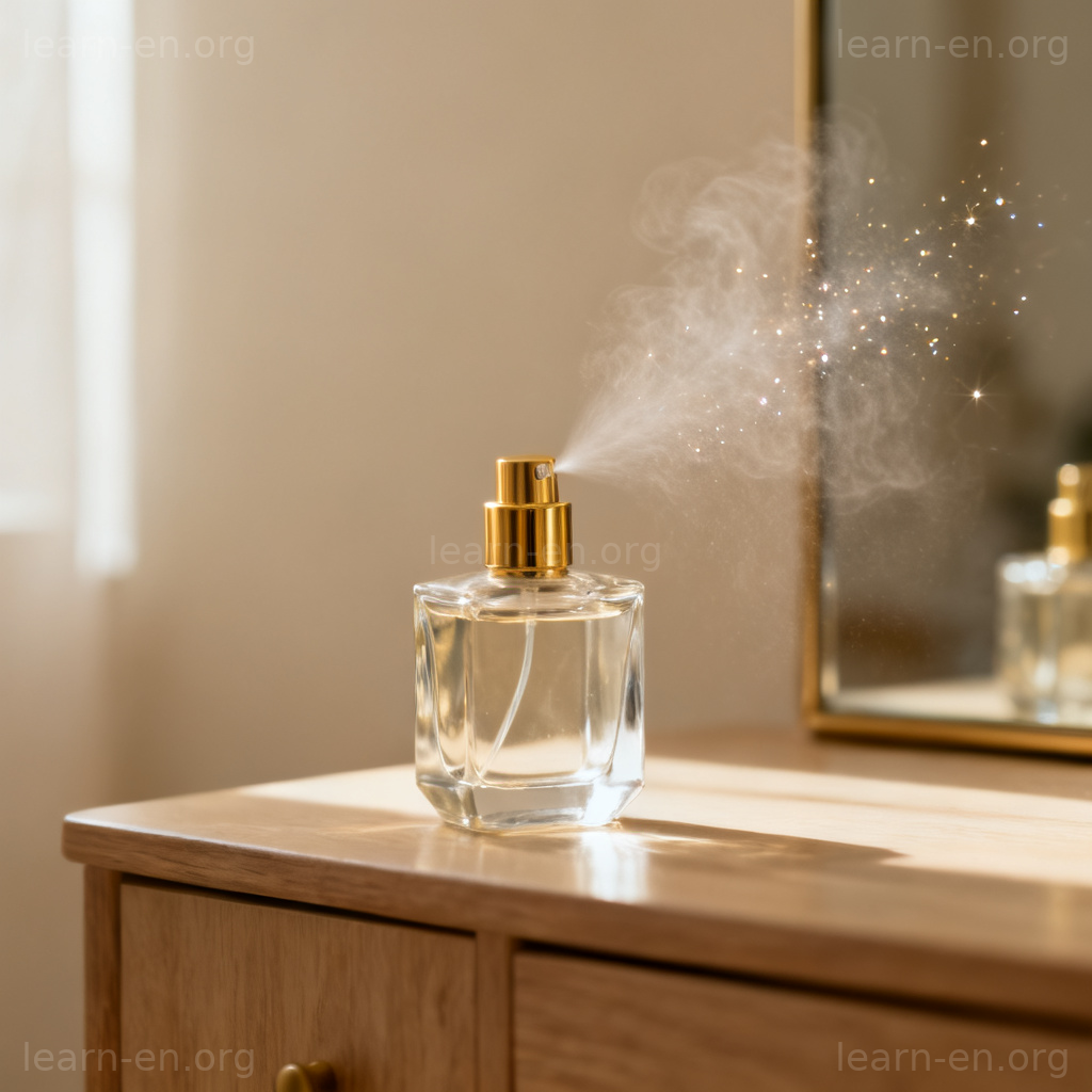fragrance 香水图解：简约梳妆台上的玻璃香水瓶喷雾