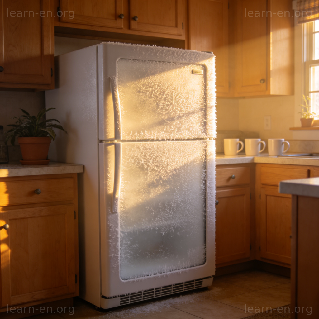 Freezer 冷冻箱图解：白色带霜冰箱在温馨厨房中的场景
