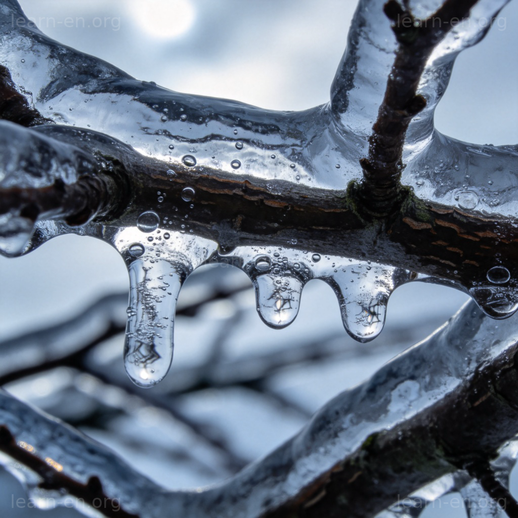 冻雨 freezing rain 图解：树枝被透明冰层包裹的场景