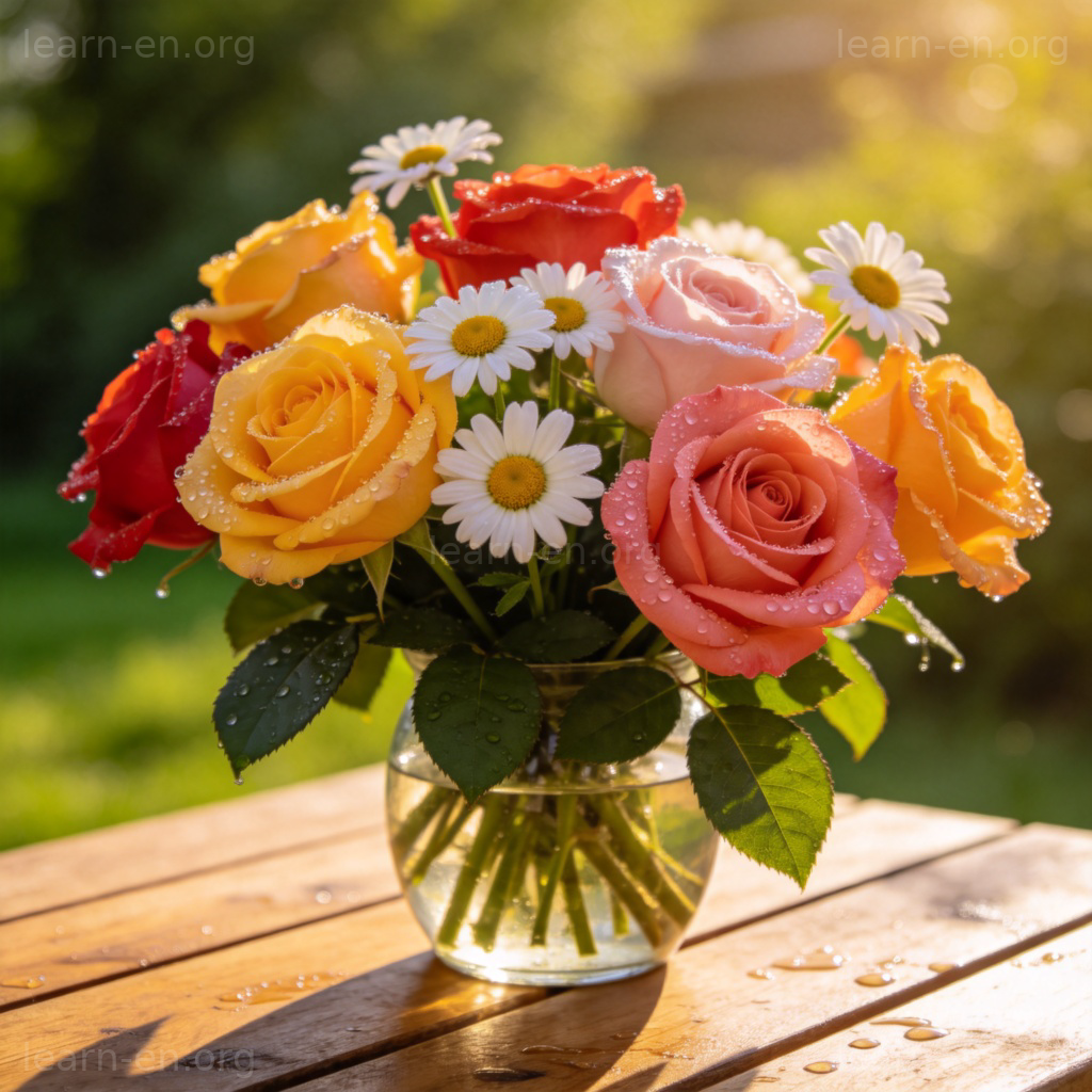Fresh flowers 鲜花图解：阳光木桌上鲜艳带露的玫瑰与雏菊花瓶