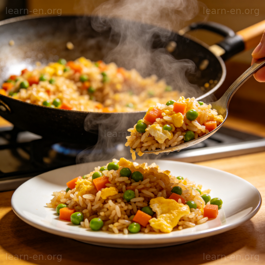 Fried Rice 炒饭图解：热气腾腾的炒饭盛入白盘场景
