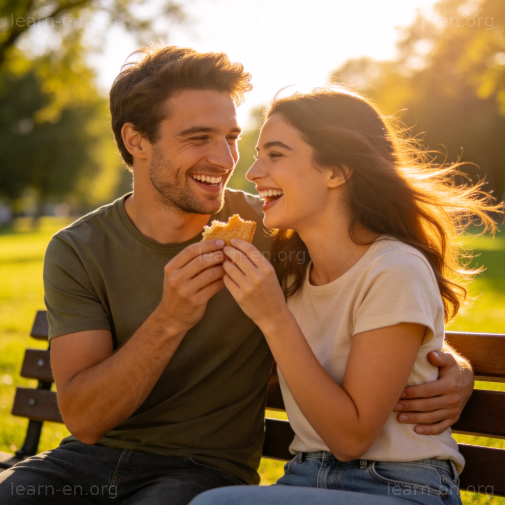 friendship 友谊图解：公园长椅上朋友欢笑分享零食的温馨场景
