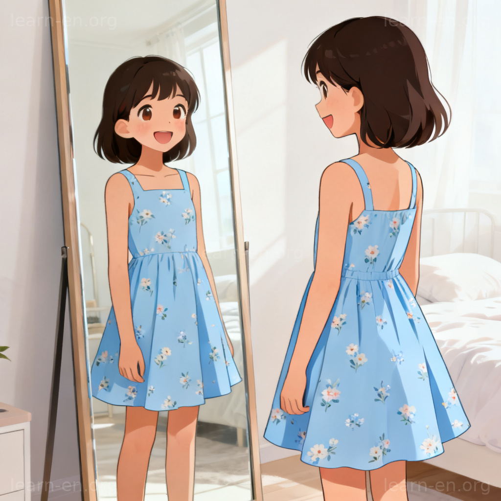 frock 连衣裙图解：小女孩身穿浅蓝色碎花连衣裙在镜前