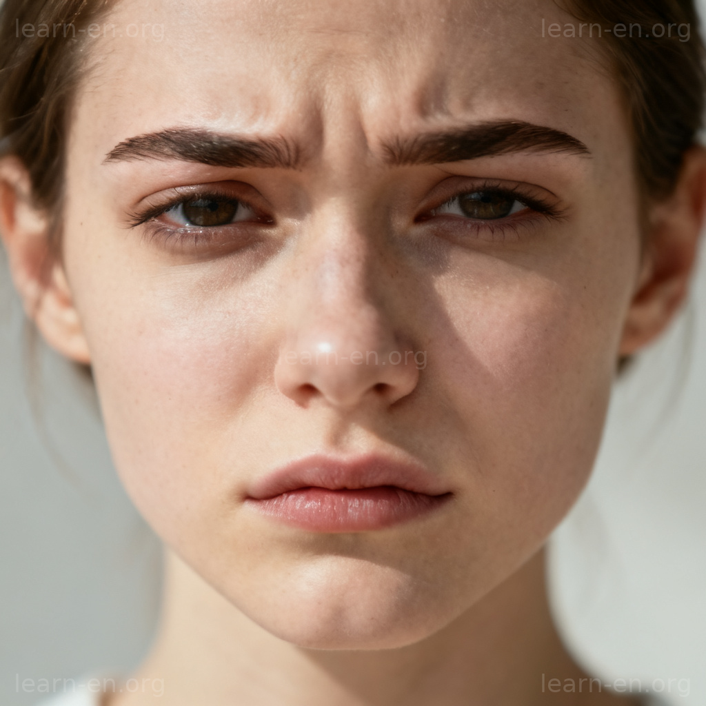 frown皱眉图解：女性担忧表情特写，眉毛紧锁嘴角下撇