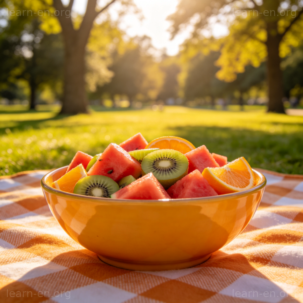 Fruit Salad 水果沙拉图解：阳光公园野餐毯上的缤纷水果碗