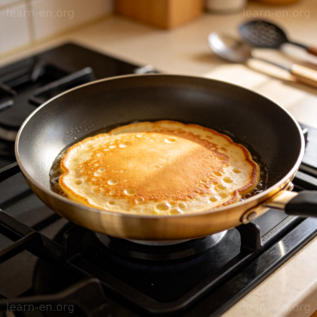 frying pan 煎锅图解：不粘煎锅中金黄煎饼在炉火上滋滋作响
