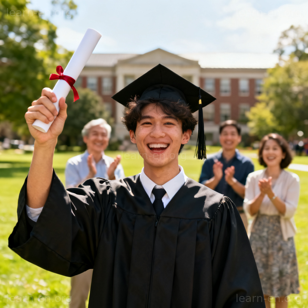 fulfil 实现含义图解：毕业生手持学位证书的喜悦场景
