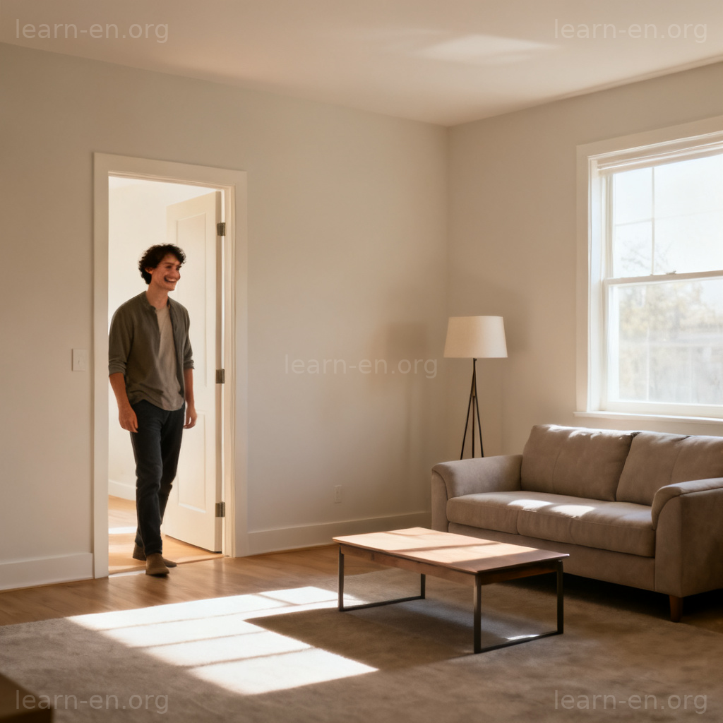 furnish 布置含义图解：人物在布置好家具的客厅门口
