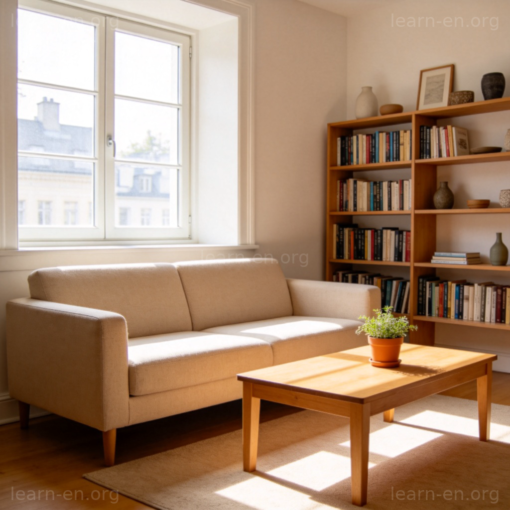 Furniture 家具图解：展示沙发、茶几、书架构成的客厅场景