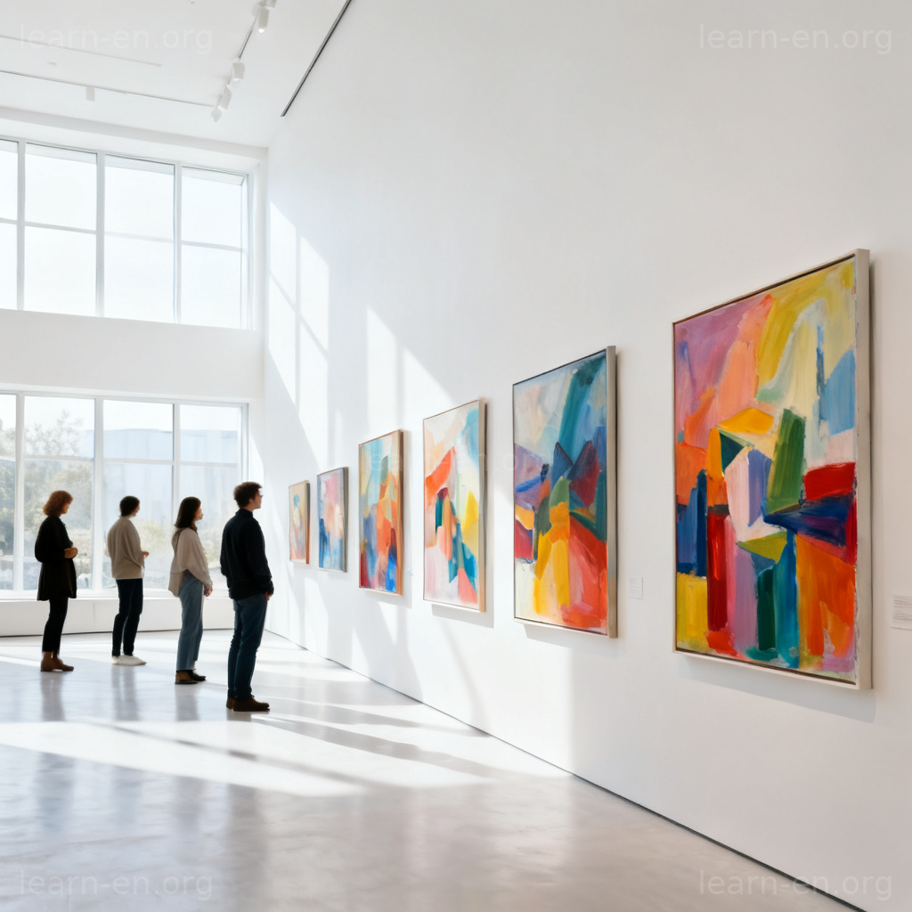 gallery 美术馆场景图解：现代展厅内人们欣赏抽象画作