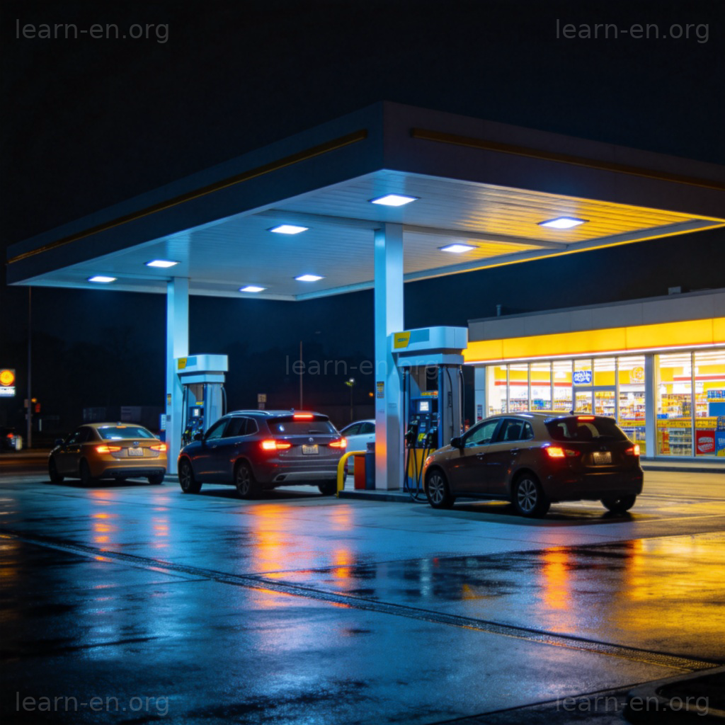 Gas Station 加油站图解：夜间明亮灯光下车辆加油场景