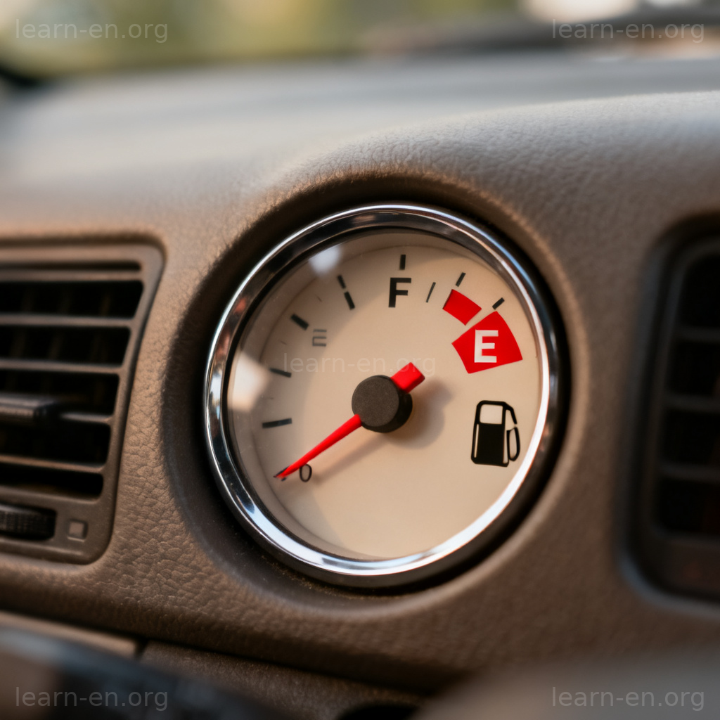 gauge 测量仪图解：汽车燃油表显示油量不足的特写
