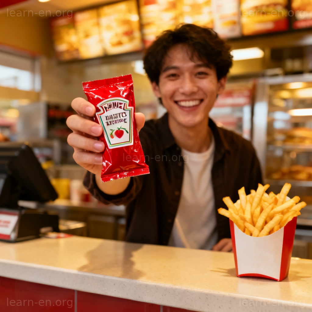 get extra sauce 图解：快餐店顾客微笑索要番茄酱