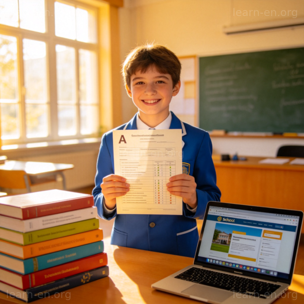 Get Good Grades 图解：学生手持全A成绩单在教室学习场景