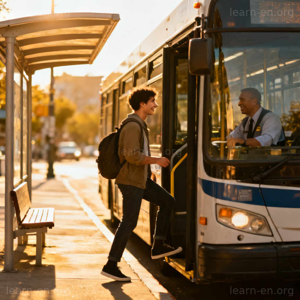 get on the bus 图解：乘客在公交车站登上公交车的场景